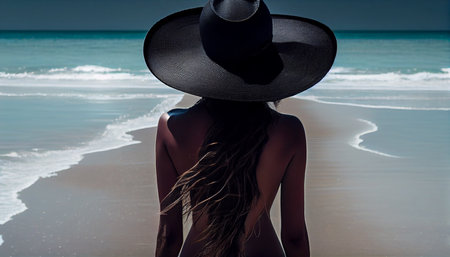 ai generative paint, unrecognizable Young woman in swimsuit beach hat looking into distance. rear viewの素材