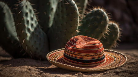 Mexican sombrero and cactus in desert, ai generativeの素材
