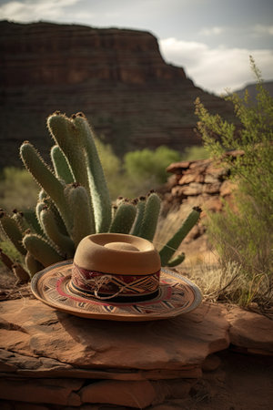 Mexican sombrero and cactus in desert, ai generativeの素材