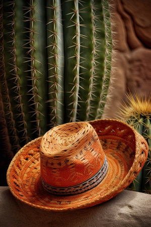 Mexican sombrero and cactus in desert, ai generativeの素材
