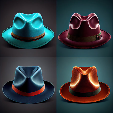 Close up shot of colorful set fedora hat with silk ribbon and bow around crown. The classic hat is isolated on the dark backdrop. Ai generativeの写真素材