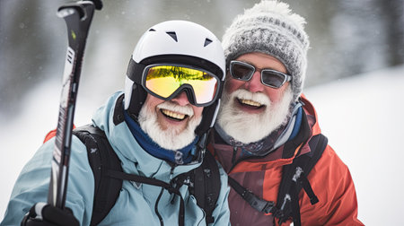 Couple of pensioners have a rest in ski resort. winter holidaysの素材
