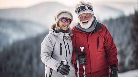 Couple of pensioners have a rest in ski resort. winter holidaysの素材