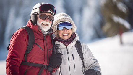Couple of pensioners have a rest in ski resort. winter holidaysの素材