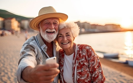 Active seniors taking selfies of them having fun outside in the autumn sea sideの素材