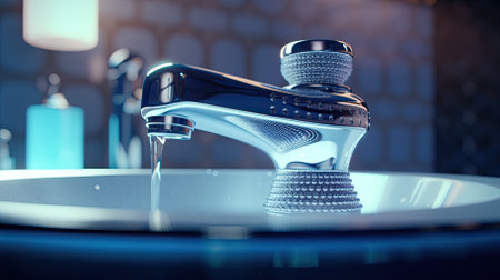 Bathroom interior with faucet and water pouring from it, ai generativeの素材