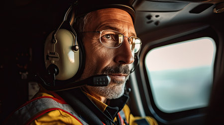 Portrait of helicopter pilot in uniform in cabine. Ai generativeの素材