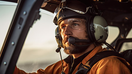 Portrait of helicopter pilot in uniform in cabine. Ai generativeの素材
