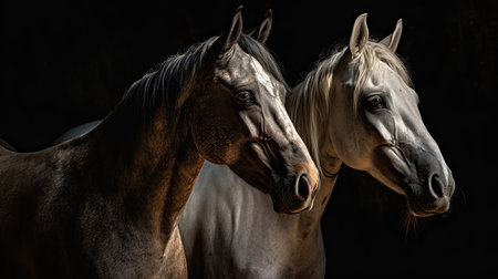 Two horse close up isolated on black background, ai generativeの素材