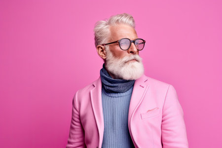 Studio shot of handsome senior man hipster dressed in stylish coat and sunglasses. Isolated on pink background.の素材