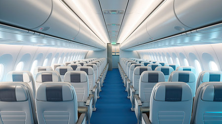 Interior of empty modern aircraft with blue flight seats and hallway in daytime during flightの素材
