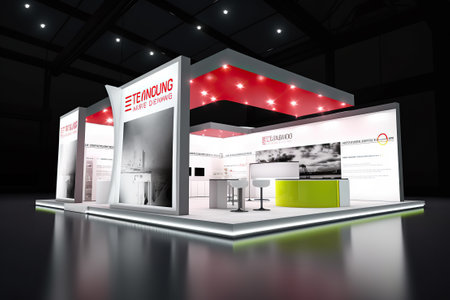 Commercial stand in an exhibition hall or a large professional salon ready to receive brands and advertisements.の素材