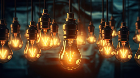 incandescent light bulb with tungsten filaments on old rustic concrete wall background. Save the energy, ai generativeの素材