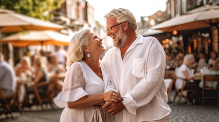 Portrait of a happy young couple hugging and smiling while enjoying a fun date in city street, ai generativeの素材