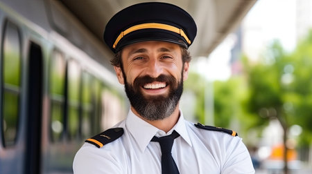Smiling conductor next to a train stopped at the stationの素材