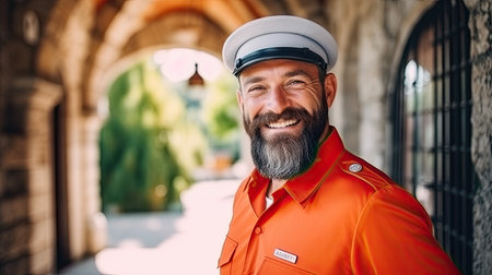 Smiling conductor next to a train stopped at the stationの素材