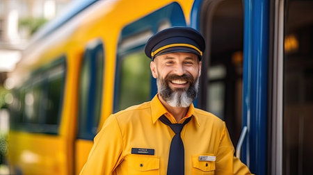 Smiling conductor next to a train stopped at the stationの素材