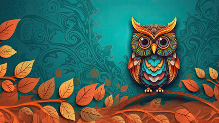 Banner with funny forest owl on a beautiful magical color background. Symbol of wisdom. Copy space. Ai generativeの素材