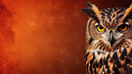 Banner with funny forest owl on a beautiful magical color background. Symbol of wisdom. Copy space. Ai generativeの素材