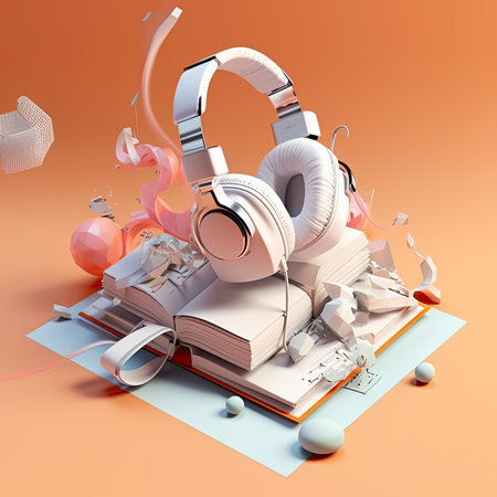 Earphones on a stack of books. Ai generativeの素材