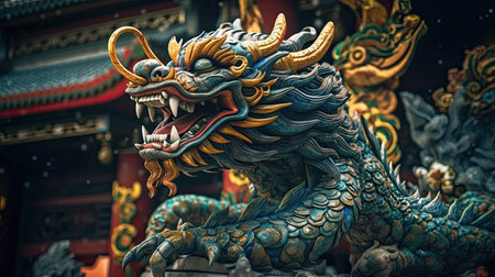 A dragon sculpture on the eaves of Chinese temple, ai generativeの素材