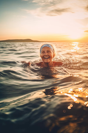Senior woman swimming in the Sea/Ocean - enjoying active retirement, having fun, taking care of himself, staying fit. Ai generativeの素材