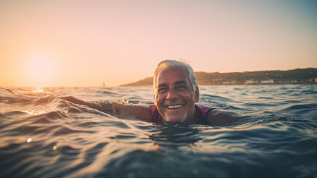 Senior man swimming in the Sea/Ocean - enjoying active retirement, having fun, taking care of himself, staying fit. Ai generativeの素材