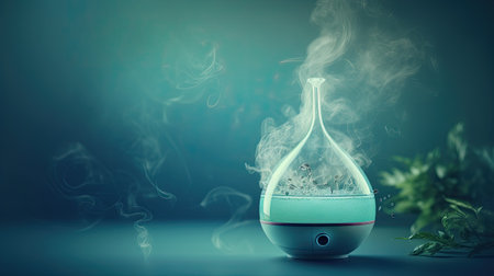 Modern air humidifier on table in living room. Space for text.の素材