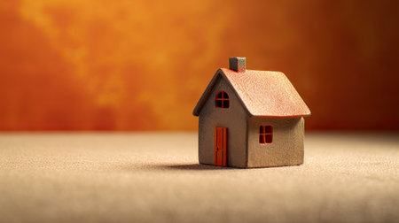 wooden house on a blue background. Real estate rental, purchase and sale concept. Realtor services, building repair and maintenance, copy space.の素材