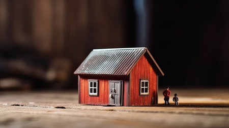 wooden house on a blue background. Real estate rental, purchase and sale concept. Realtor services, building repair and maintenance, copy space.の素材