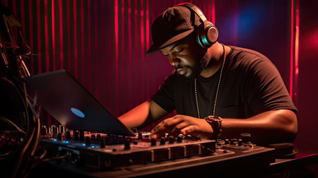 Charismatic disc jockey at the turntable. DJ plays on the best, famous CD players at nightclub during party. EDM, party concept, ai generativeの素材