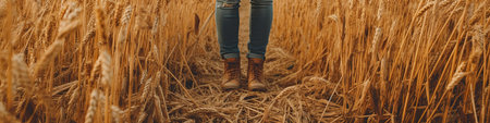 smiling young female farmer cowgirl standing in wheat cereal field. copy space. Ai generativeの素材