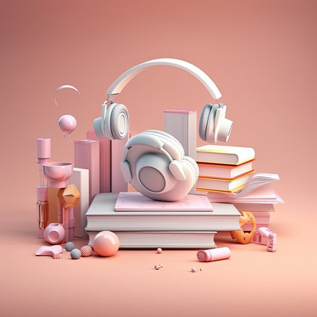 Earphones on a stack of books. Ai generativeの素材
