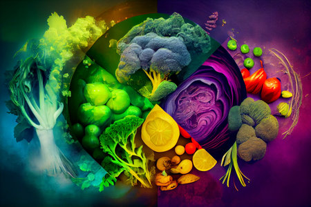 Collage of vegetables like asparagus, lettuce, tomato and cucumber. Ai generativeの素材