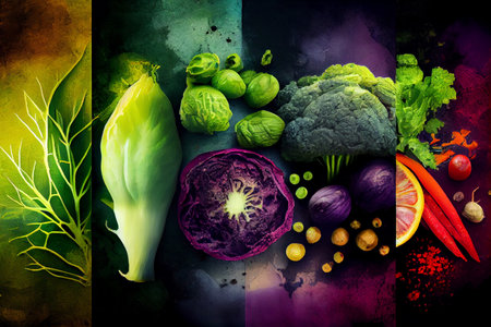 Collage of vegetables like asparagus, lettuce, tomato and cucumber. Ai generativeの素材