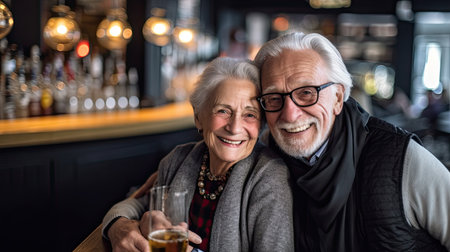 Portrait of smiling senior couple drinking in bar.の素材