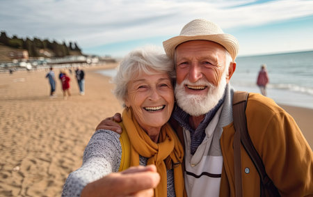 Active seniors taking selfies of them having fun outside in the autumn sea sideの素材