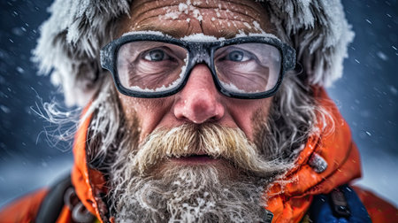 Climber on the ascent with a weathered face in goggles.の素材