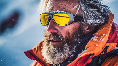 Climber on the ascent with a weathered face in goggles.の素材