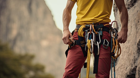 Male rock climber with climbing equipment holding rope ready to start climbing the route.の写真素材