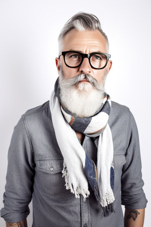 Stylish and handsome bearded senior man on white background, ai generativeの素材