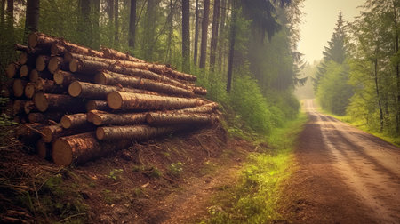 Pile of chopped tree trunk, partly covered with snow, on a winter day, next to a dirt road in the forest.の写真素材