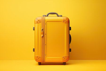 Yellow travel suitcase on a yellow background. 3D rendering illustration.の素材