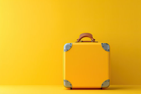 Yellow travel suitcase on a yellow background. 3D rendering illustration.の素材