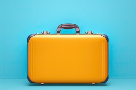 Yellow travel suitcase on blue background. Ai genertiveの素材