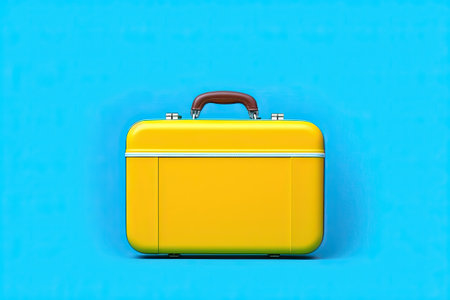 Yellow travel suitcase on blue background. Ai genertiveの素材