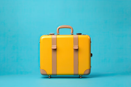 Yellow travel suitcase on blue background. Ai genertiveの素材