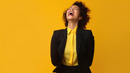 Photo of attractive charming lady friendly smile good mood wear blue office shirt isolated yellow color background, ai generativeの素材