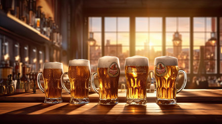 Glass of chilled beer on table and blurred sparkling bar background. Ai generativeの素材