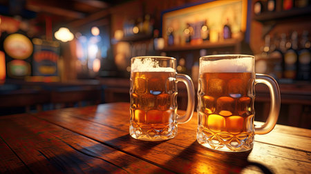 Glass of chilled beer on table and blurred sparkling bar background. Ai generativeの素材